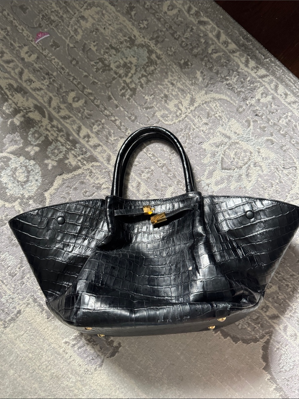 DeMellier Black Croc-Embossed Leather Tote with Gold Hardware
